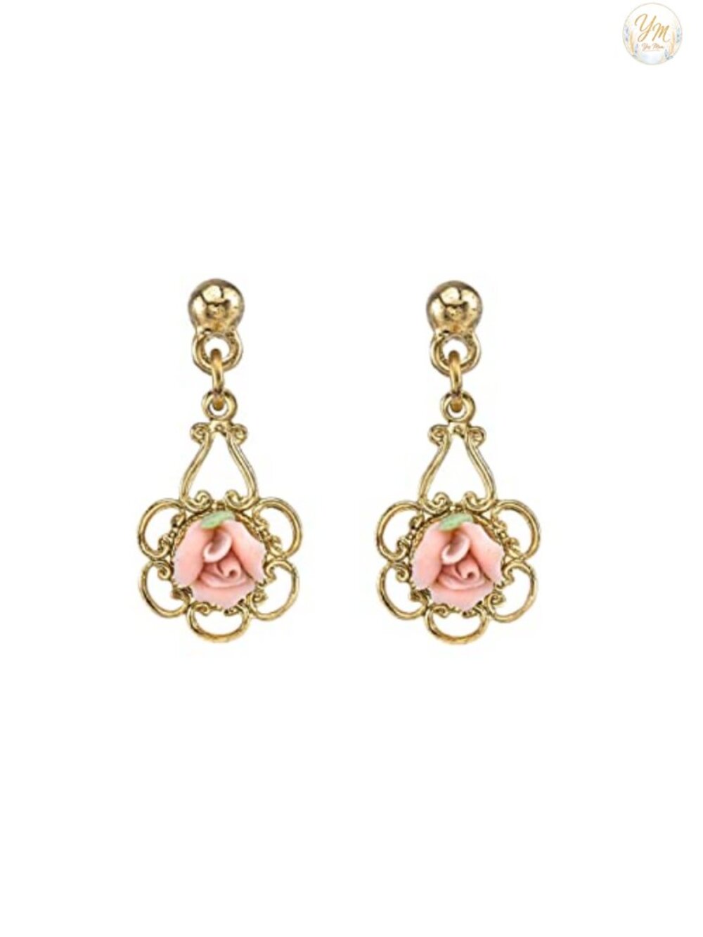 14K Gold Dipped Porcelain Rose Post Back Drop Earrings Handmade USA